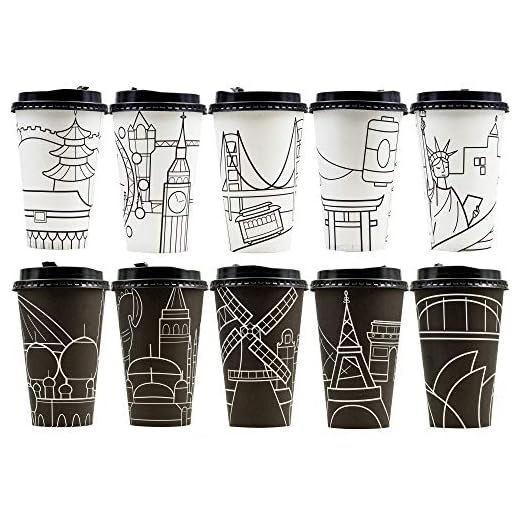 Youngever Juego de 70 Vasos de Café Desechables Con Tapa, Vasos de Café Calientes Para Llevar, Vasos de Papel Duraderos Con Tapa, Diseño City Sky