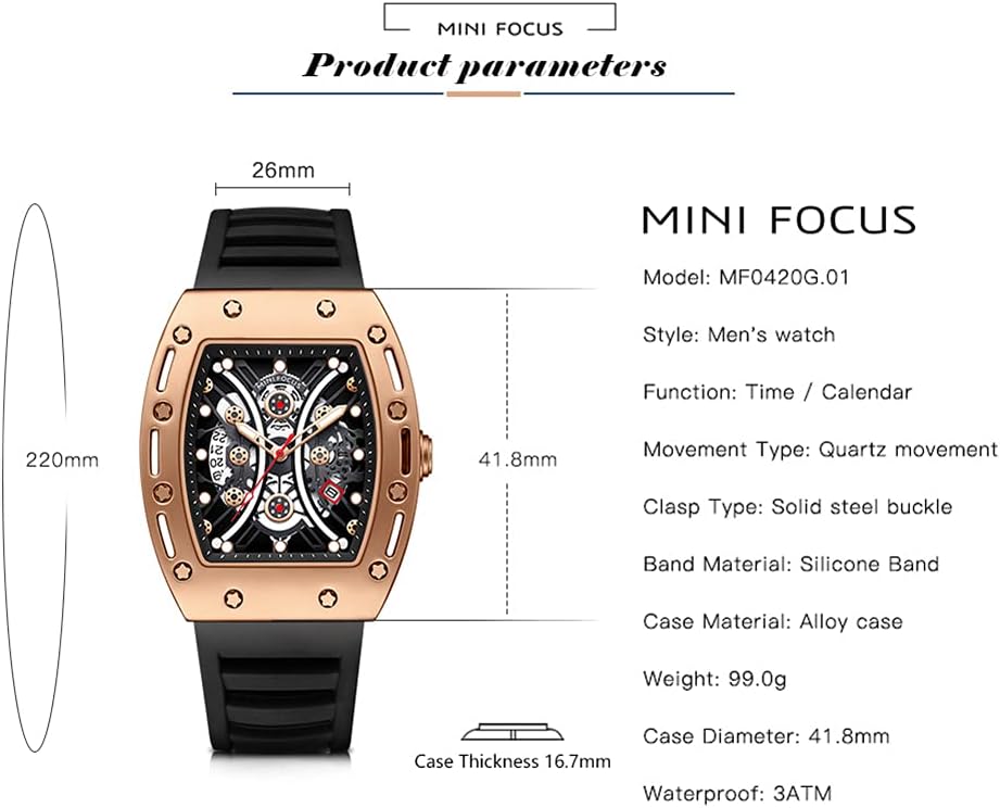 MF MINI FOCUS Watch for Men Wristwatch Fashion Hollow Big Dial Luminous Waterproof Sport Analog Quartz Business Mens Watches Black Silicon Strap Dress Watch - Image 6
