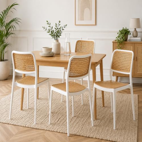 The Artment Retro White Chair | Armless Mid-Century ModernChair with Rattan-Style Woven Detailing | PlasticFrame | Dining, Living Room, Bedroom, Home & Balcony | 5- Year Warranty | Set Of 4 | H- 80 CM