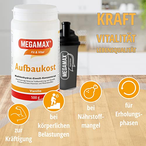 MEGAMAX Aufbaukost Vanille. Ideal zur Kräftigung und bei Untergewicht. Pulver zur Zubereitung eines fettarmen Kohlenhydrat-Eiweiß-Getränkes. Produktion in Deutschland. 500g