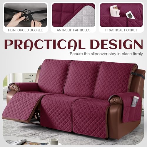 Image of KinCam Recliner Sofa Covers for 3 Seat, 100% Waterproof Reclining Couch Covers, Non-Slip Recliner Couch Cover Furniture Protector with Elastic Straps for Pets, Kids, Burgundy