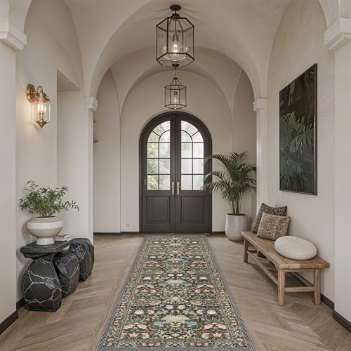 Wide Hallway Washable Runner Rug: 3x10 Water-Resistant Entryway Area Rug Vintage Soft Carpet for Living Room Non Slip Indoor Farmhouse Floor Mat for Bathroom Laundry Room(3x10,Green)