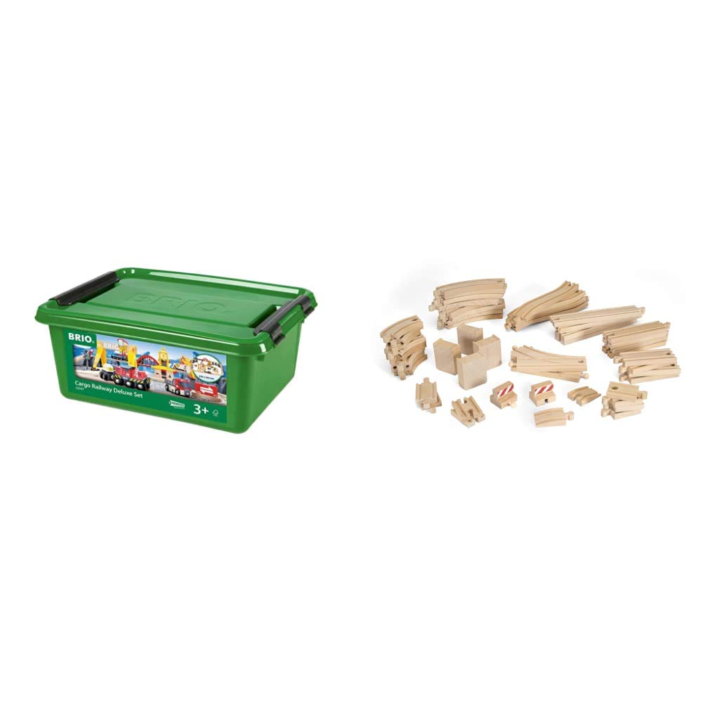 BRIO 33097 Cargo Railway Deluxe Set | 54 Piece Train Toy with Accessories and Wooden Tracks for Kids Age 3 and Up,Multi & 33772 Special Track Pack | 50 Pieces of Wooden Tracks and Train Accessories