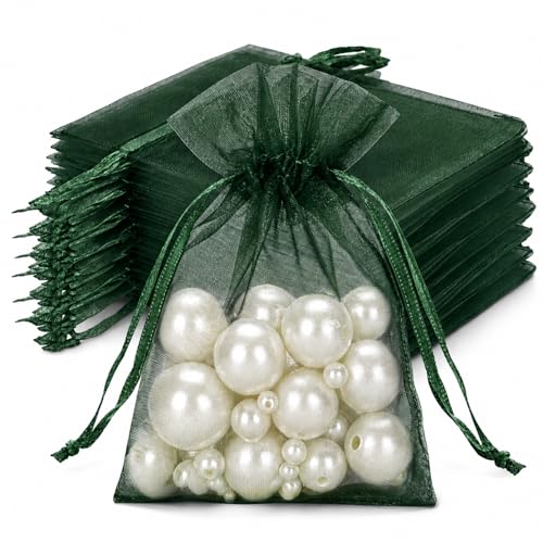 Image of joycraft 50Pcs Dark Green Organza Bags - 2.7x3.5 In Sheer Jewelry Mesh Pouch, Small Party Favor Drawstring Pouch for Halloween, Christmas, Wedding Favor, Small Business