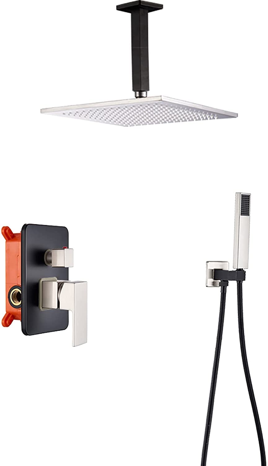 OZBMA Shower Set System Black Faucet Ceiling Mounted Square Rainfall Head with Handheld Rain Mixer Combo Set,16 inches (size_name 16 inches)