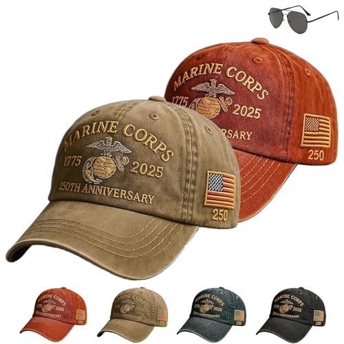 Marine Corps 250th Anniversary Hat, Washed Cotton Adjustable Cap, USMC 250th, for Men and Women (US, Alpha, One Size, 2pcsC)