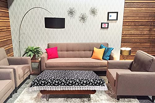 Image of The Furnishing Tree Waterproof PVC Rectangle Shaped 2 Seater Table Cover WxL 45x70 inches Floral Pattern White Black with White Border lace