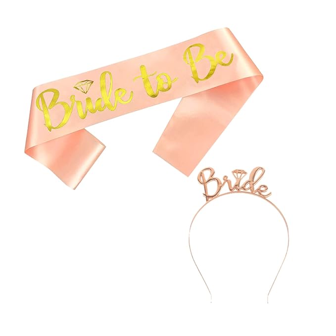 AMFIN® (Pack of 2) Bride to Be Sash and Bride Hairband Combo Set for Bachelor Parties Bride to be Props for Wedding Bride to be Decorations - Rose Gold