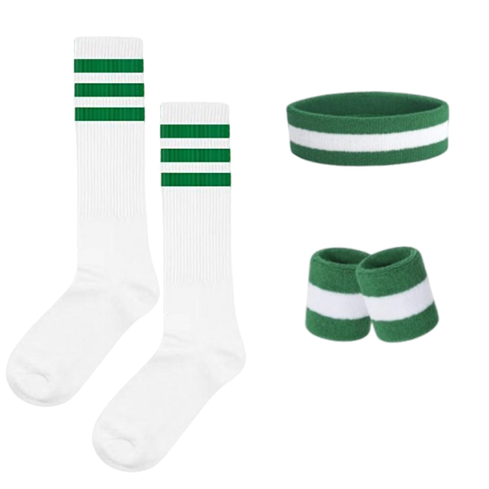 5 Pcs Striped Sweatbands and Socks Breathable Striped Sports Sweatbands Socks Headband Wristbands High Sock for Women Men Sports and 80s90s Party (Green)