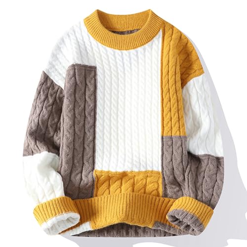Cable Knit Crewneck Sweater for Men Casual Patchwork Pullover Thick Knitted Jumper Long Sleeve Fall Winter Top