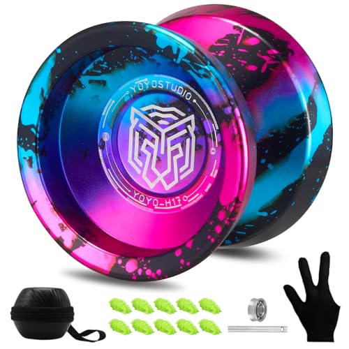 YOYOSTUDIO Yoyo Professional Responsive Yoyo H17, Dual Purpose Metal Yoyos for Kids Beginner, Unresponsive Yo yo Bearing for Adults with Removal Bearing Tool, 10 String, Case & Glove (Black 