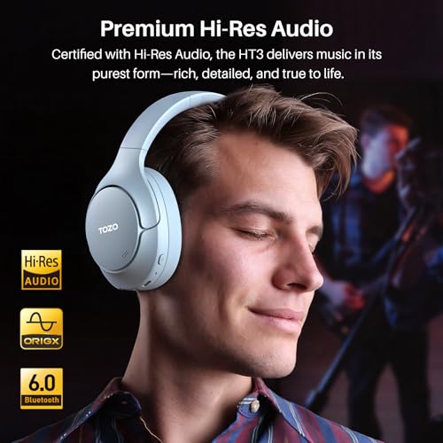 Image of TOZO HT3 Hybrid Noise Cancelling Headphones, 90H Battery Life Wireless Over Ear Bluetooth 6.0 Foldable Headset, AI Voice Assistant with 5 Mics, Connect 2 Devices & Hi-Res Sound, 32 Audio EQ, with Case