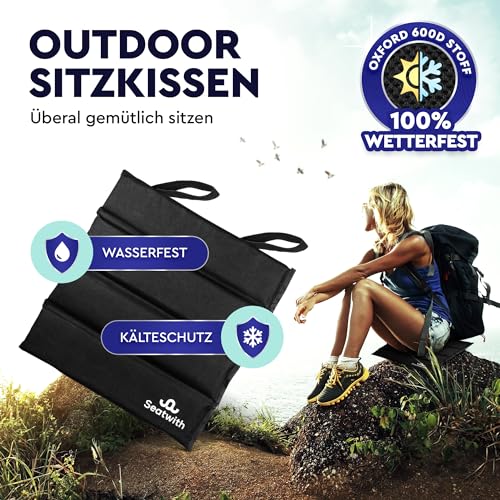 Faltbares Iso-Sitzkissen Outdoor Sitzmatte (35x35cm) mit Tragetasche + Karabinerhacken für idiale Befestigung am Rucksack maximaler Schutz vor Kälte Nässe Schmutz SCHWARZ