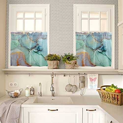 Window Curtains For Living Room/Bedroom/Kitchen/Bathroom, Marble Blue And Green With Gold Rod Pocket Small Short Half Tier Cafe Curtains & Drapes 24 Inches Long Window Treatment Abstract Marble Crack #TOP1