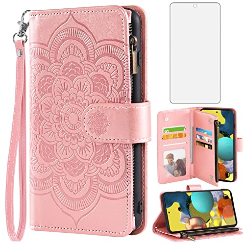 Asuwish Compatible with Samsung Galaxy A51 5G/A 51 5G UW Verizon Wallet Case and Tempered Glass Screen Protector Leather Flip Card Holder Cell Phone Cover for Glaxay 51A G5 Gaxaly S51 Women Rose Gold