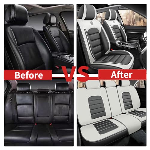 Image of Fit for Sedan SUV Pick-up Truck,Automotive,Ice Slik Nappa Leather Car Seat Covers,Waterproof Durability Washable Seat Covers,5 Seat Complete Set Standard Full Coverage Car Seat Cover(Gray & White)