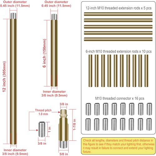 Image of M10 Threaded Extension Poles, 5 PCS 12-inch & 10 PCS 6-inch Lighting Fixture Downrods Stems & 180 Degrees Sloped Ceiling Adapter Kits for Pendant Light, Island Lighting, Chandeliers (Brass)