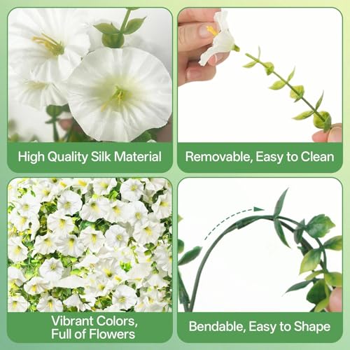 Artificial Hanging Flowers for Outdoors, 6 PCS Silk Morning Glory Artificial Flowers with Eucalyptus Leaves, UV Resistant Fake Flower Realistic Faux Plants for Home Patio Porch Garden Decor, White — view 3