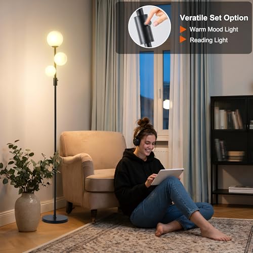 Image of Fiqevs Upgraded Dimmable 3 Globe Mid Century Modern Floor Lamp, 3 x 3000K Warm Light LED Bulbs Included, Matt Black Standing Lamp with Sphere Glass Shade, Vintage Tall Lamp for Living Room, Bedroom