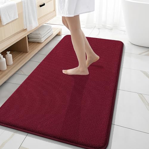 Image of OLANLY Thick Memory Foam Bathroom Runner Rugs 47x20, Extra Soft Absorbent Long Bath Rug, Quick Dry, Non-Slip, Machine Washable Bath Mats for Bathroom, Tub and Shower, Home Decor Accessories, Burgundy