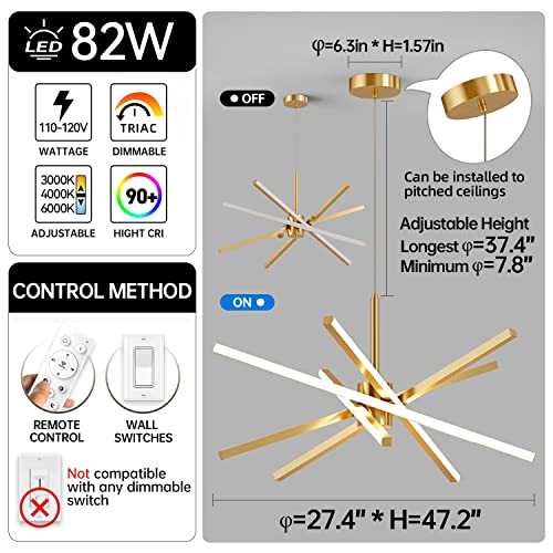 Lustre LED 82W dimmable avec télécommande suspension dorée 80cm éclairage salon