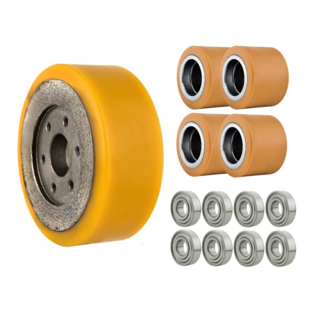 JAZGOT Juego de ruedas y rodillos para carro ET15MH 0,45kW con rodamientos 6204 ZZ. El conjunto incluye rodillos, rueda motriz y cojinetes para la transpaleta.
