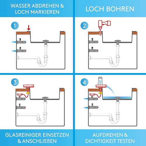 Bächlein Glasreiniger (Matt Schwarz) Glasspüler aus Edelstahl - Gläserdusche inklusive T-Verteiler und Flexschlauch - Automatischer Spüler für die Küche