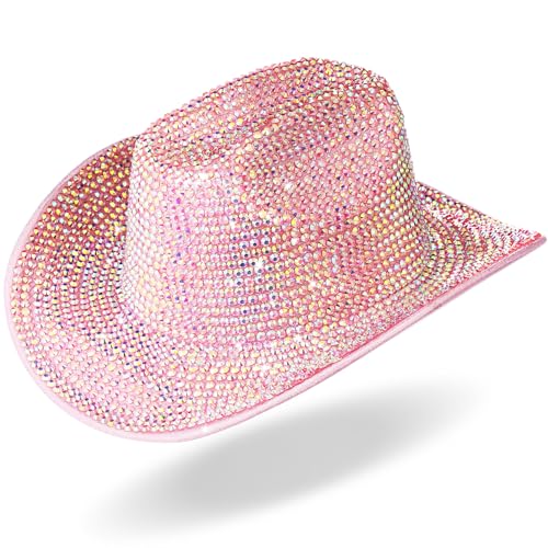 Image of Hercicy Rhinestone Cowboy Hat with Diamond Fringe CowHat for Cosplay Wedding circumference between 21.5 and 23.5 inches