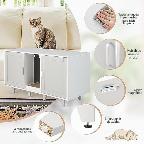 FANTASK Casa para Gatos, Armario para Gatos con 2 Puertas y Tabla para rascar y Entrada, Muebles para Gatos Mesa Auxiliar