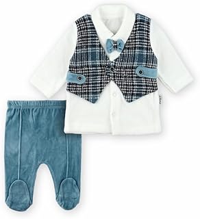 Soft Velvet Plaid Baby Boy Set in Turquoise & White | 0-3 Months | Flower Life