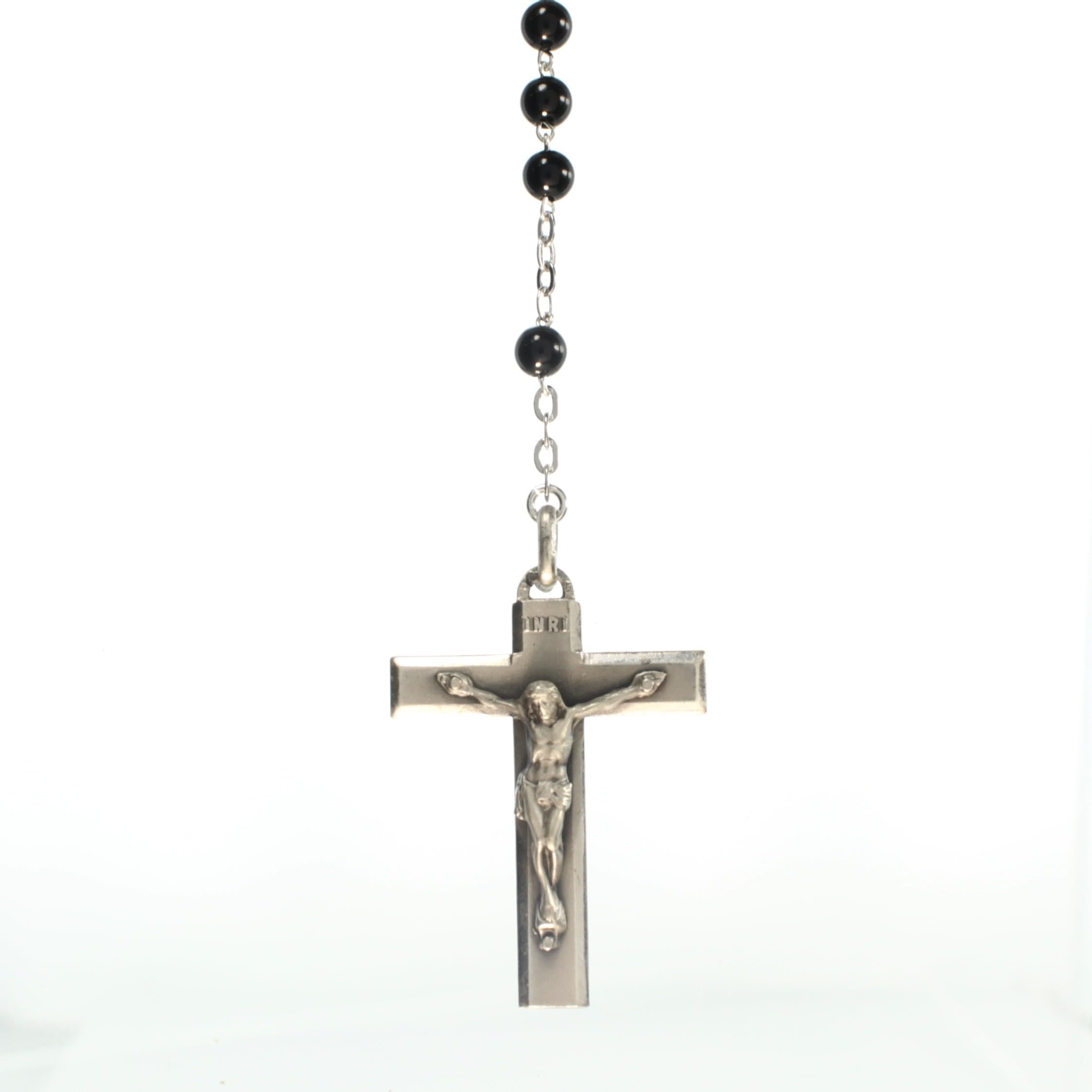 Palacio del Rosario Rosario de Plata y Piedra de Águeda Negra de 4 mm – Rosario Plata – Culto Cristiano de Plata, 32 cm, Plata de ley