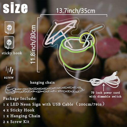 Image of Coconut Neon Sign Light, Dimmable Summer Drink Theme Neon Lights with Lemon for Wall Decor, Tropical Beach Led Light Up Sign for Bar Beer Pub Bedroom Restaurant Man Cave Club Party Present