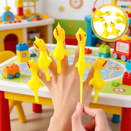 RXKFIGX 30 Stück Schleuder Huhn Fingerspitze Gummihuhn Schnipsen Gummi Strecken Fliegende Hühner lustig Finger Strecken Fliegende Hühner Katapult Huhn