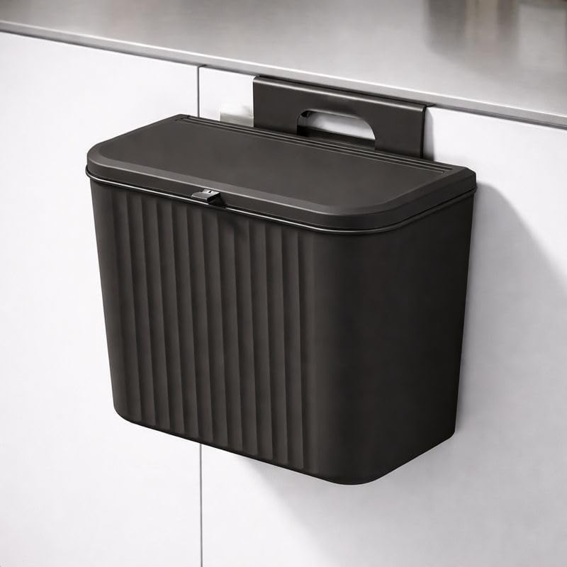 Hanging Kitchen Dustbin with Lid | Wall Mounted & Cabinet Door Trash Bin | 2 Installation Options (Adhesive Hook & Over Door Hook) | Plastic Garbage Bin for Kitchen, Bathroom & Office | Black-image-16