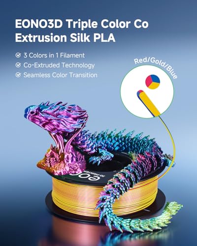 Image of Silk Tri-Color PLA Filament 1.75mm, Coextruded 3D Printer Filament, Color Changing Rainbow Silk PLA, Ultra Glossy Multicolor Printing PLA, Tangle Free, ±0.03mm, 1KG Spool, Red Gold Blue
