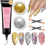 3D Nail Gel and Chrome Nail Powder Kit, 3 in 1 No Wipe Clear 3D Sculpting Gel for Nail Art Carving Molding Rhinestone Glue 15g, Gold Silver Metallic Mirror Nail Chrome Powder Glitter for Manicure