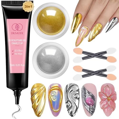 3D Nail Gel and Chrome Nail Powder Kit, 3 in 1 No Wipe Clear 3D Sculpting Gel for Nail Art Carving Molding Rhinestone Glue 15g, Gold Silver Metallic Mirror Nail Chrome Powder Glitter for Manicure
