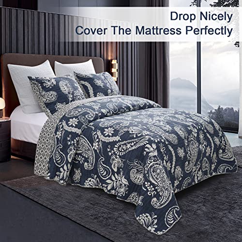 Phf 100% Cotton Quilt Set Queen Size, 3Pcs Lightweight Boho Paisley Floral Soft Bedspread For All Season, Drop Nicely, 1 Reversible Coverlet 90" X 90" And 2 Pillow Cases 20" X 26", Navy Blue #TOP2