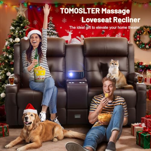 Image of Loveseat Recliner Sofa, Home Theater Seating with Massage, Reclining Loveseats with Console, Wall Hugger RV Couch Movie Theater Chairs, RV Furniture Sofas with USB, Cup Holders, Drawer for Gaming Room