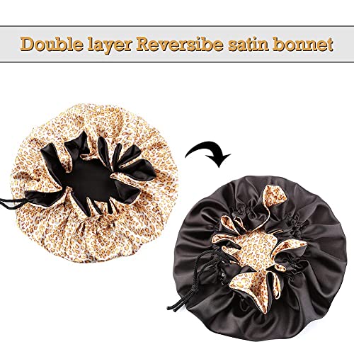 Image of Extra Large Adjustable Double Layer Satin Hair Bonnets with Drawstring for Women Night Sleeping Long Silky Satin