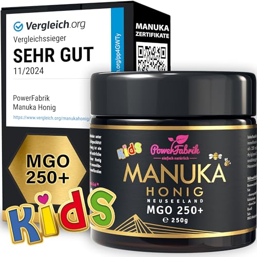 Manuka Honig Kinder | MGO 250+ | 250g | Das ORIGINAL aus NEUSEELAND | Manuka Kids | PUR, ROH & ZERTIFIZIERT | Premium Qualität 100% natürlich | PowerFabrik (250 g)