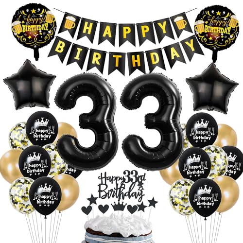 Globos de Número 33, Negro, 33 cumpleaños, decoración para mujer, hombre, negro, oro, globo 33 + guirnalda de feliz cumpleaños, 33 años