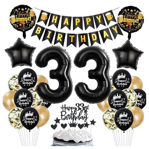 Globos de Número 33, Negro, 33 cumpleaños, decoración para mujer, hombre, negro, oro, globo 33 + guirnalda de feliz cumpleaños, 33 años