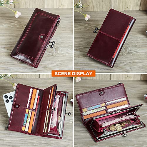 Image of CONTACTS Kiss Lock Wallet for Women Leather Kiss Clasp Purse Bifold Wallets Card Phone Holder Clutch with Rfid Blocking (Red)