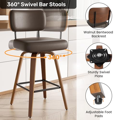 Image of Swivel Bar Stools Set of 2, 26 inch Upholstered Faux Leather Counter Height Barstools with Walnut Back & Bentwood Legs, Mid Century Modern Bar Chairs Island Stools for Kitchen Counter, Coffee