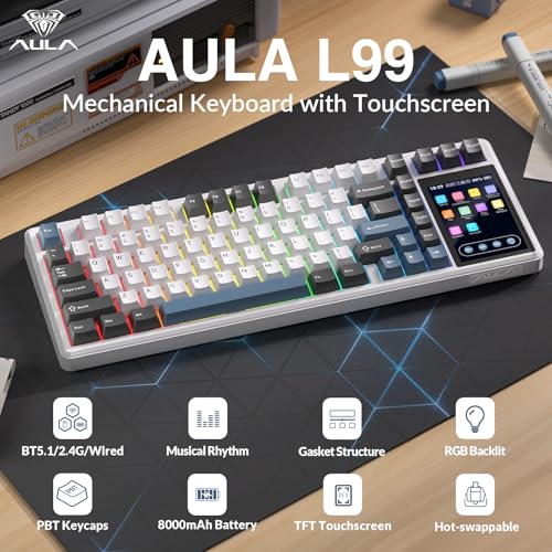 Image of Aula L99 Wireless Mechanical Keyboard with Smart Touch Screen,Tri-Mode Hot Swappable Custom Gaming Keyboard,RGB Backlit,PBT Keycap,Gasket Mount Creamy Sounding Computer Keyboards for Office PC,84 Keys