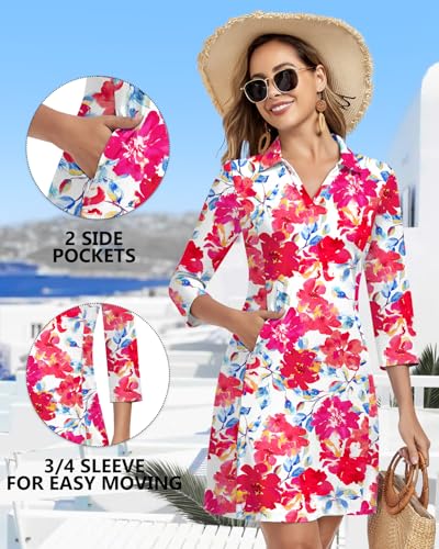 Image of WOWENY 3 /4 Sleeve Dress for Women with Pockets V Neck UPF 50+ Casual Sun Dress Breathable Quick Dry Beach Vacation