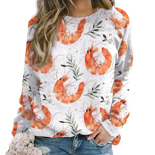 Sweat-shirt graphique femme col rond à imprimé rétro motif feuilles de crevettes