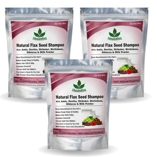 Havintha Natural Flaxseed Shampoo with Amla Reetha Shikakai Methidana Hibiscus and Milk Powder for Dry Hair, 227gm (PACK OF 3)