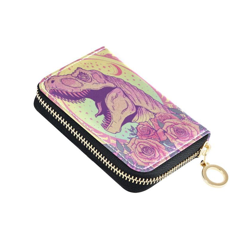 Pink Dinosaur Rose RFID Credit Card Holder Leather With Zipper Card Case Wallet for Women Girls